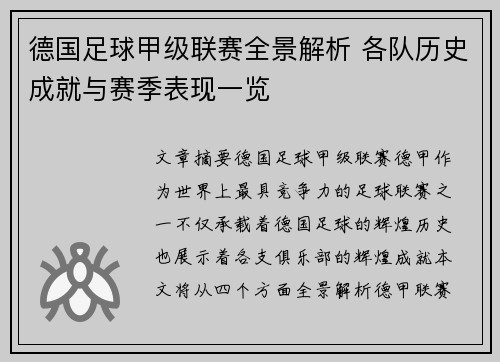 德国足球甲级联赛全景解析 各队历史成就与赛季表现一览