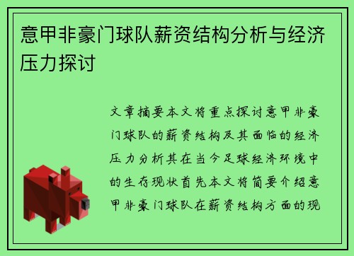 意甲非豪门球队薪资结构分析与经济压力探讨