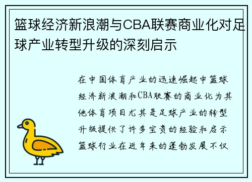 篮球经济新浪潮与CBA联赛商业化对足球产业转型升级的深刻启示